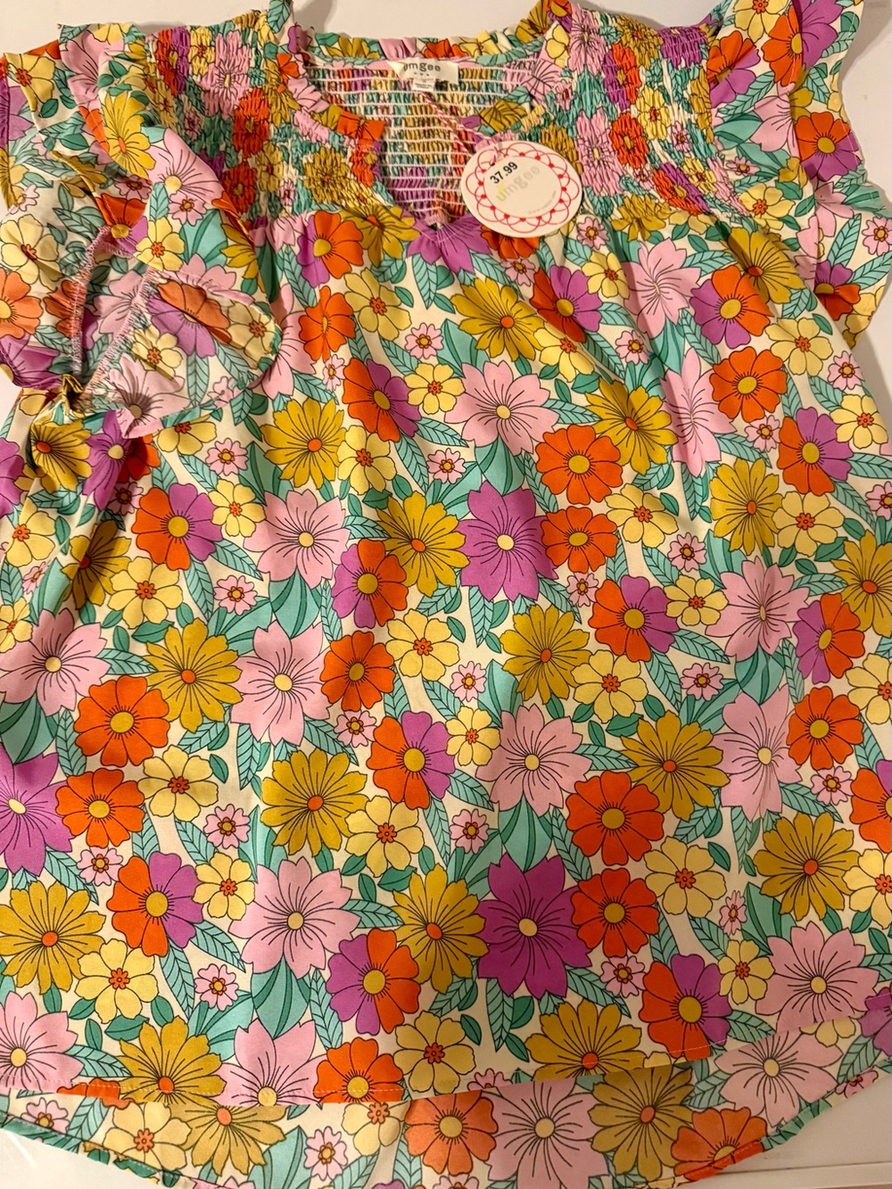 Umgee women's Floral Ruffle Sleeve Top - Pink, Orange & Yellow NWT